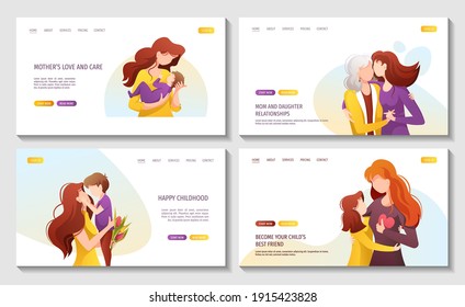 Set of web pages with moms with their child. Motherhood, Parenthood, Childhood, Mother's Day Happy family concept. Vector illustration for website, poster, banner.