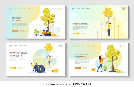 Set of web pages with money trees and bag, man flying up with coins, characters. Profit, income, making money, financial success, investment concept. Vector illustration for banner, poster, website.