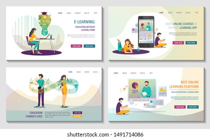 Set Of Web Pages For Online Courses And Trainings, Webinar, Distance Education, E-learning, Knowledge, Mobile Learning App. Vector Illustration For Poster, Banner, Presentation And Website.