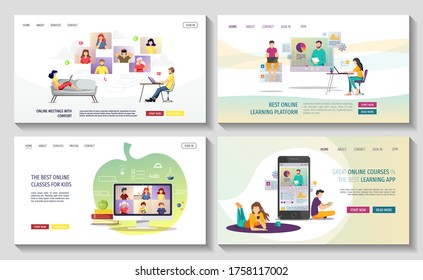 Set of web pages for Online Education, Distance learning, Communication, Teaching, Studying, Video conference, Webinar. Vector illustration for poster, banner, advertising, flyer.