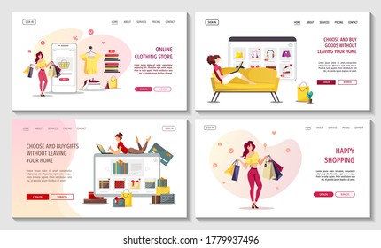 Set Of Web Pages With Online Female Shopping. Clothing Store, E-shop, Mobile Marketing, E-commerce Concept. Vector Illustration For Poster, Banner, Website, Commercial.