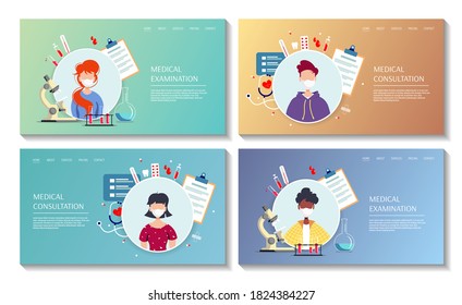 Set of web pages with patients and medical items. Medical consultation, Diagnosis, Online doctor, Diagnosis, Analysis, Medicine clinic and health care concept. Vector illustration for poster, banner.