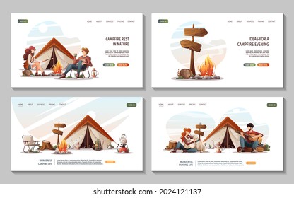 Conjunto de páginas web con gente sentada en el camping en la naturaleza. Camping en verano, viaje, excursión, excursionismo, acampada, naturaleza, concepto de viaje. Ilustración vectorial para afiches, banner, sitio web.