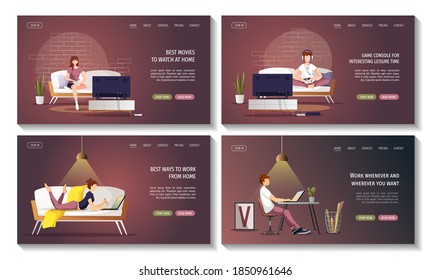 Set of web pages with people working and resting at home. Stay home, leisure, spare time, freelance concept. Vector illustration for poster, banner, website.