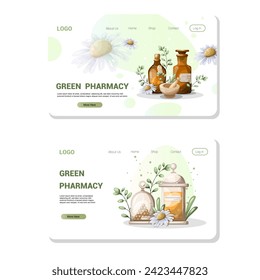 Set of web pages for pharmacy products. Treatment with herbs and natural preparations. Vector