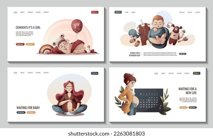 Conjunto de páginas web con mujeres embarazadas, recién nacidos, ropa de bebé y juguetes. Maternidad, embarazo, parto, espera de bebé, concepto de tienda de bebés. Ilustración vectorial para afiches, banner, sitio web.