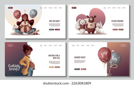 Conjunto de páginas web con mujeres embarazadas, juguetes de peluche para bebés, globos. Maternidad, embarazo, espera de bebé, tienda de bebés, género revelan el concepto de fiesta. Ilustración vectorial para afiches, banner, sitio web.