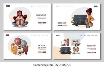 Set of web pages with pregnant women, baby clothes, toys, balloons. Motherhood, Pregnancy, baby waiting, baby store, gender reveal party concept. Vector Illustration for poster, banner, website.