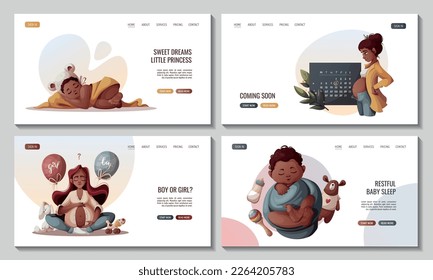 Set of web pages with pregnant women, newborn babies, baby clothes and toys. Motherhood, Pregnancy, Childbirth, baby waiting, baby store concept. Vector Illustration for poster, banner, website.