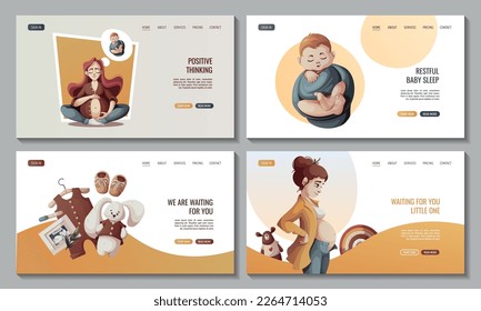 Conjunto de páginas web con mujeres embarazadas, niños recién nacidos, ropa de bebé y juguetes. Maternidad, embarazo, parto, espera de bebé, concepto de tienda de bebés. Ilustración vectorial para afiches, banner, sitio web.