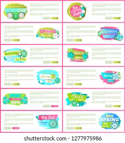 Set of web pages with promo posters, promotion of springtime discounts vector. Best prices, online sites with text sample, blooming flowers and price off
