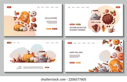 Set of web pages with Pumpkins, apple pie, candles, kettle, utumn leaves, warm sweater. Autumn, harvest, thanksgiving day, fall concept. Vector illustration. Website banner template.