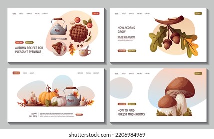 Set of web pages with pumpkins, apple pie, kettle, autumn leaves, acorns, mushrooms. Autumn, harvest, thanksgiving day, fall concept. Vector illustration. Website, banner.