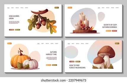 Set of web pages with Pumpkins, candles, mushrooms, acorns. Autumn, harvest, thanksgiving day, fall concept. Vector illustration. Website banner template.
