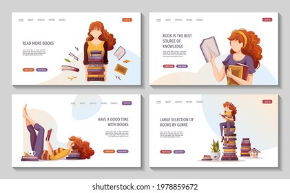 Set of web pages with reading women and books. Bookstore, bookshop, library, book lover, bibliophile, education concept. Vector illustration for poster, banner, website, advertising.