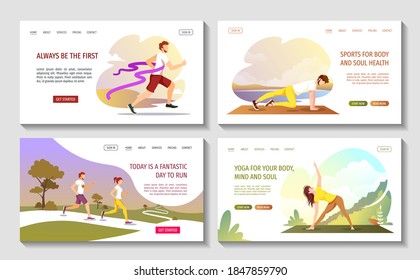 Set of web pages for Running, Sport, Workout, Healthy lifestyle, Energy, Nature, Fitness, Yoga. Vector illustration for poster, banner, placard, website.