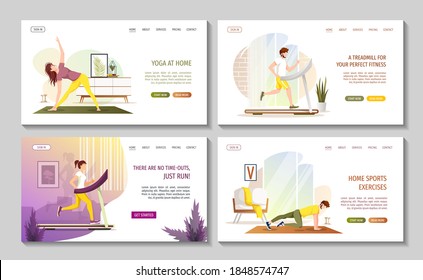 Set of web pages for Running, Sport, Healthy lifestyle, Energy, Fitness at home, Yoga, Treadmill, Cardio workout. Vector illustration for poster, banner, placard, website.