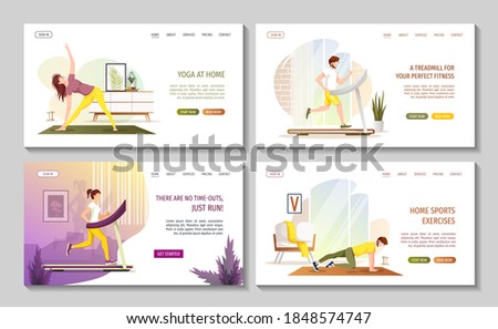 Set of web pages for Running, Sport, Healthy lifestyle, Energy, Fitness at home, Yoga, Treadmill, Cardio workout. Vector illustration for poster, banner, placard, website.