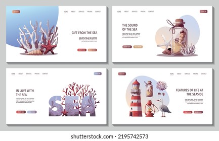 Set of web pages with Sand bottle, seagull, lighthouse, corals, kerosene lamp, starfishes, seashells. Maritime, sea coast, marine life, nautical concept. Vector illustration.