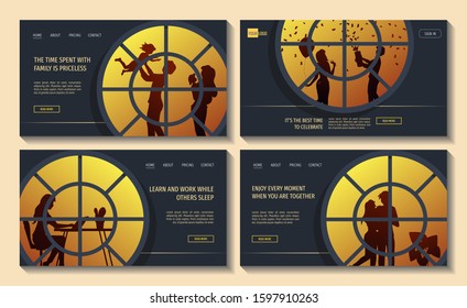 Set of web pages with silhouettes of people behind the large round windows. Happy family, Romance, Holiday party, E-learning concept. Vector illustration perfect for poster, banner, website, placard.