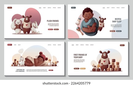 Set of web pages with Sleeping newborn kids, toys, baby clothes and baby bottle. Newborn, Childbirth, Baby care, babyhood, childhood, infancy concept. Vector illustration for poster, banner, website.