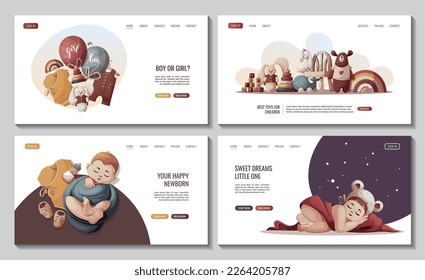 Set of web pages with Sleeping newborn kids, toys, baby clothes and baby bottle. Newborn, Childbirth, Baby care, babyhood, childhood, infancy concept. Vector illustration for poster, banner, website.