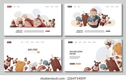 Set of web pages with Sleeping newborn kids, toys, baby clothes and baby bottle. Newborn, Childbirth, Baby care, babyhood, childhood, infancy concept. Vector illustration for poster, banner, website.