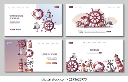 Set of web pages with steering wheel, anchor, lifebuoy, sand bottle, seagulls, seashells, lighthouse. Maritime, sea coast, marine life, nautical concept. Vector illustration. Website, banner template.