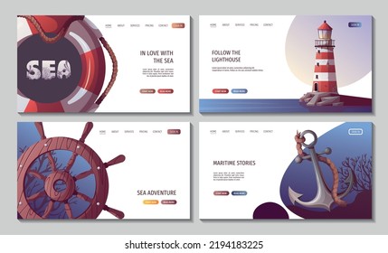 Set of web pages with steering wheel, anchor, lifebuoy, lighthouse. Maritime, sea coast, marine life, nautical concept. Vector illustration. Website, banner template.