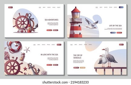 Set of web pages with steering wheel, anchor, lifebuoy, sand bottle, seagulls, seashells, lighthouse. Maritime, sea coast, marine life, nautical concept. Vector illustration. Website, banner template.