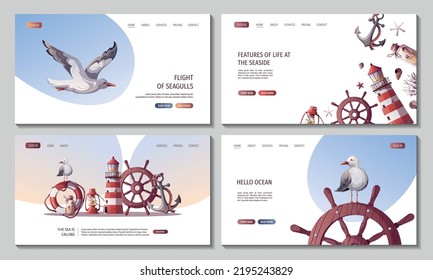 Set of web pages with steering wheel, anchor, lifebuoy, sand bottle, seagulls, seashells, lighthouse. Maritime, sea coast, marine life, nautical concept. Vector illustration. Website, banner template.