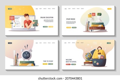 Set of web pages with study supplies for Studying, education, learning, back to school, student, stationery. Vector illustration for poster, banner, website, advertising.