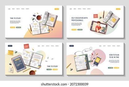 Set Of Web Pages With Study Supplies For Studying, Education, Learning, Back To School, Student, Stationery. Vector Illustration For Poster, Banner, Website, Advertising.