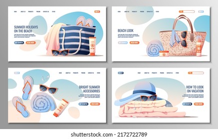 Un conjunto de páginas web para con accesorios de playa de verano. Concepto de banner web y página de inicio. Toalla, gafas de sol, bolsa de playa, protector solar