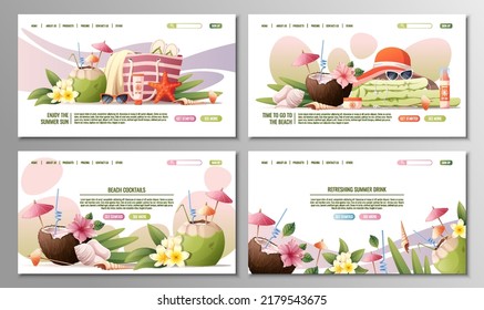 Set of web pages for with summer beach accessories. Beach theme, tropical vacation Concept for web banner and landing page. Towel, sunglasses, beach bag, sunscreen, beach cocktail in coconut