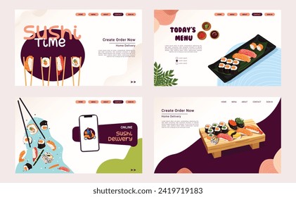 Set of web pages sushi Japanese food, menu, concept. Vector illustration. Banner, website, advertising.