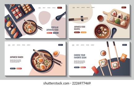 Conjunto de páginas web con sushi, sopa miso, ramen, onigiri. Comida japonesa, comida saludable, cocina, concepto de menú. Ilustración vectorial. Cartel, sitio web, publicidad.