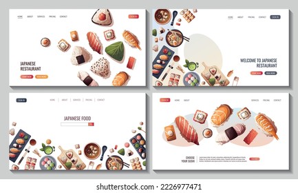 Set of Web pages with Sushi, Miso soup, ramen, onigiri, dango, mochi, matcha tea. Japanese food, healthy eating, cooking, menu concept. Vector illustration. Banner, website, advertising.