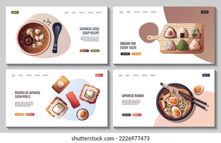 Set of Web pages with Sushi, Miso soup, ramen, onigiri. Japanese food, healthy eating, cooking, menu concept. Vector illustration. Banner, website, advertising.