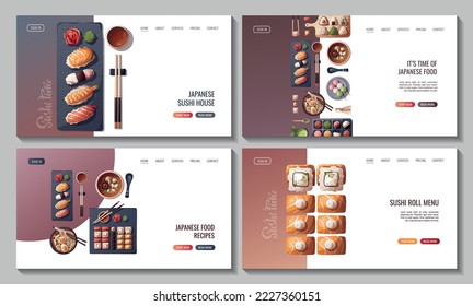 Set of Web pages with Sushi, Miso soup, ramen, onigiri, dango, mochi, matcha tea. Japanese food, healthy eating, cooking, menu concept. Vector illustration. Banner, website, advertising.