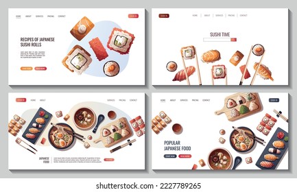 Conjunto de páginas web con sushi, sopa miso, ramen, onigiri, dango, mochi, té matcha. Comida japonesa, comida saludable, cocina, concepto de menú. Ilustración vectorial. Cartel, sitio web, publicidad.