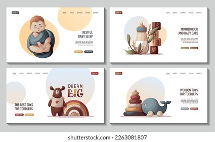 Set of web pages with swaddled baby boy, teddy bear, push toy and baby bottle. Newborn, Childbirth, Baby care, babyhood, childhood, infancy concept. Vector illustration for poster, banner, website.