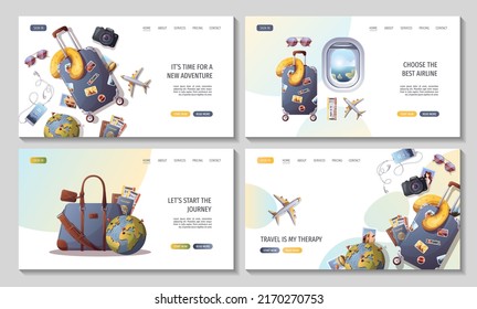 Set of web pages for Travel, tourism, adventure, journey, airport. Vector illustration for banner, poster, website, advertising.