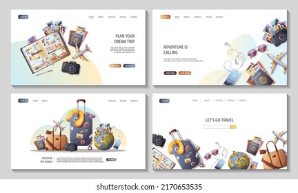 Set of web pages for Travel, tourism, adventure, journey, airport. Vector illustration for banner, poster, website, advertising.