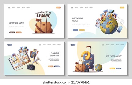 Set of web pages for Travel, tourism, adventure, journey, airport. Vector illustration for banner, poster, website, advertising.