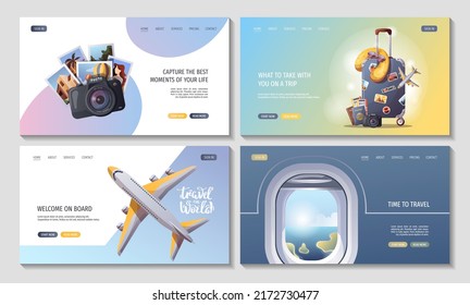 Set of web pages for Travel, tourism, adventure, journey, airport. Vector illustration for banner, poster, website, advertising.