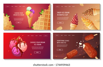 Conjunto de páginas web con varios helados. Una heladería o una tienda, productos dulces y postre. Ilustraciones vectoriales para afiches, banner, publicidad, comercial, menú, volante. 