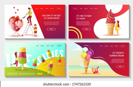 Conjunto de páginas web con varios helados y gente pequeña. Una heladería o una tienda, productos dulces y postre. Ilustración vectorial para afiches, banner, publicidad, menú, volante, portada. 