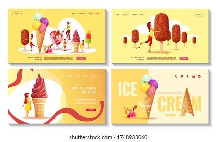 Set of web pages with various ice cream and people. Ice cream parlor or shop, Sweet products, Dessert concept. Vector illustrations for poster, banner, advertisement, commercial, menu, flyer. 