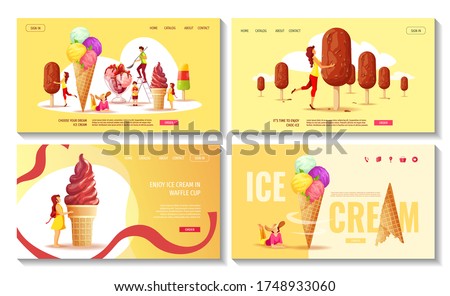 Set of web pages with various ice cream and people. Ice cream parlor or shop, Sweet products, Dessert concept. Vector illustrations for poster, banner, advertisement, commercial, menu, flyer. 